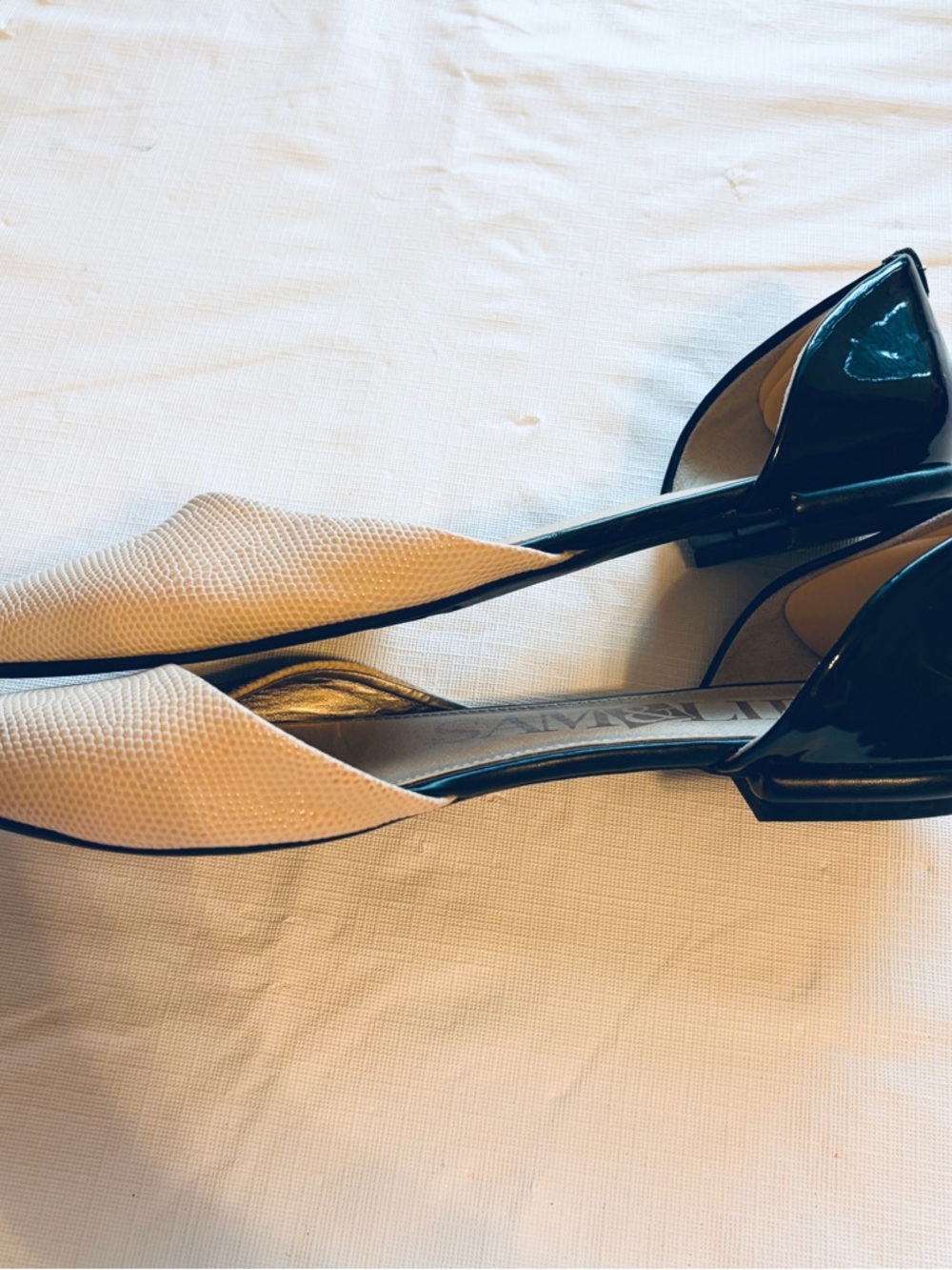 Sam & Libby Beige Pointed D'Orsay Flats with Black Patent Heel - Picture 2 of 7